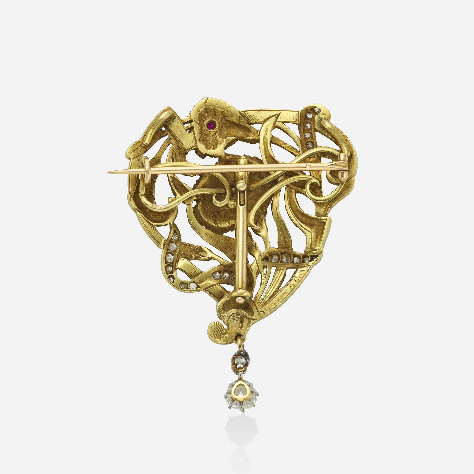 168 TIFFANY CO. Art Nouveau enamel diamond and ruby floral pendant brooch Jewelry Antique to Art Deco 16 April 2024 Auctions Toomey Co. Auctioneers