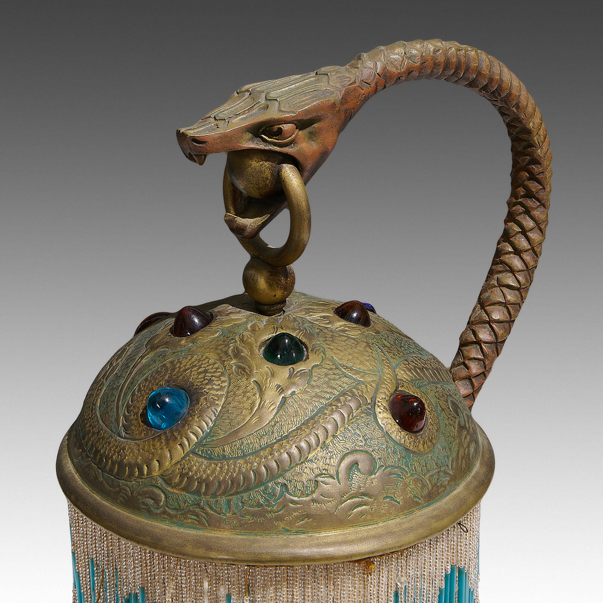 186: FRENCH ART NOUVEAU, snake / serpent lamp with hanging