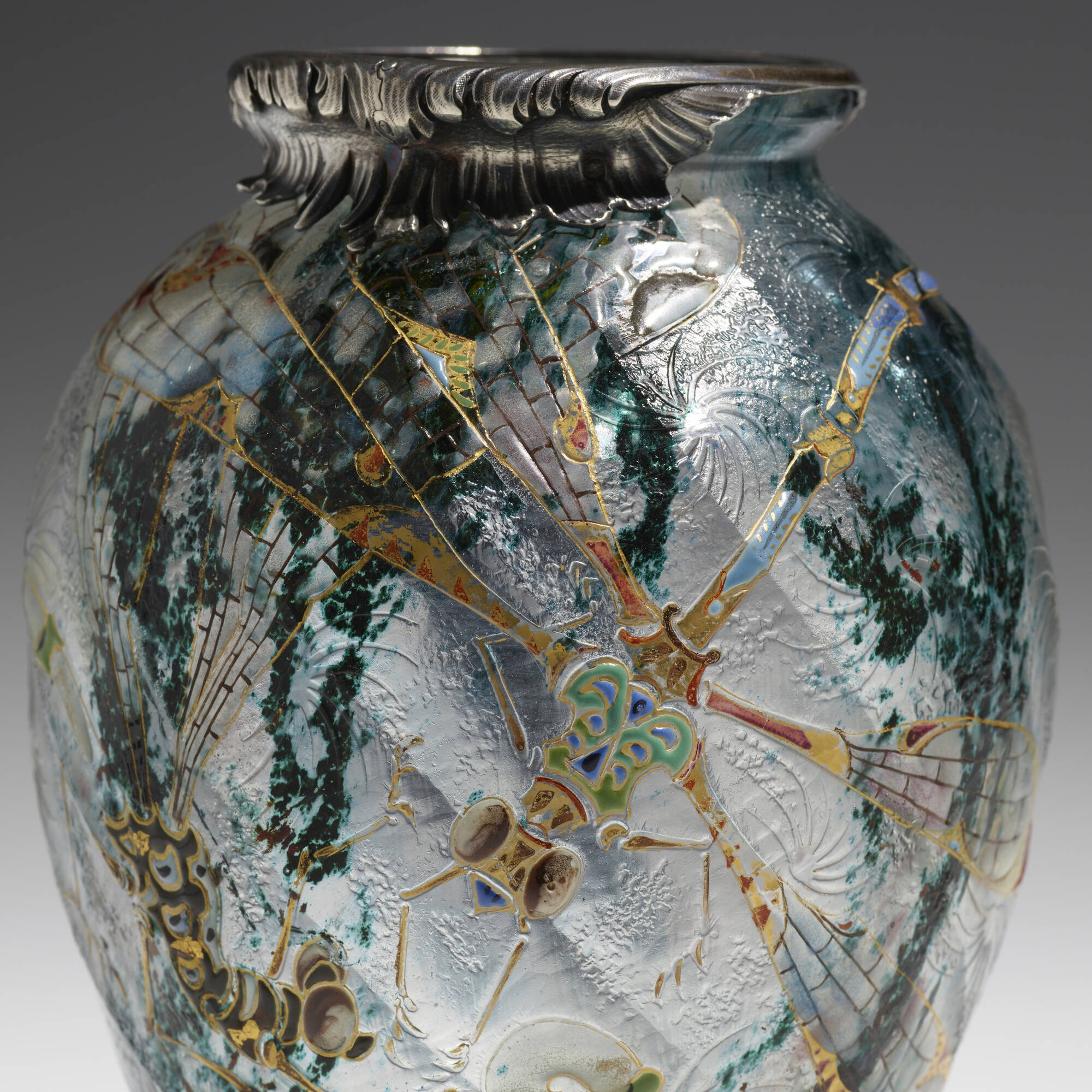 244: ÉMILE GALLÉ, Rare dragonfly vase with silver overlay