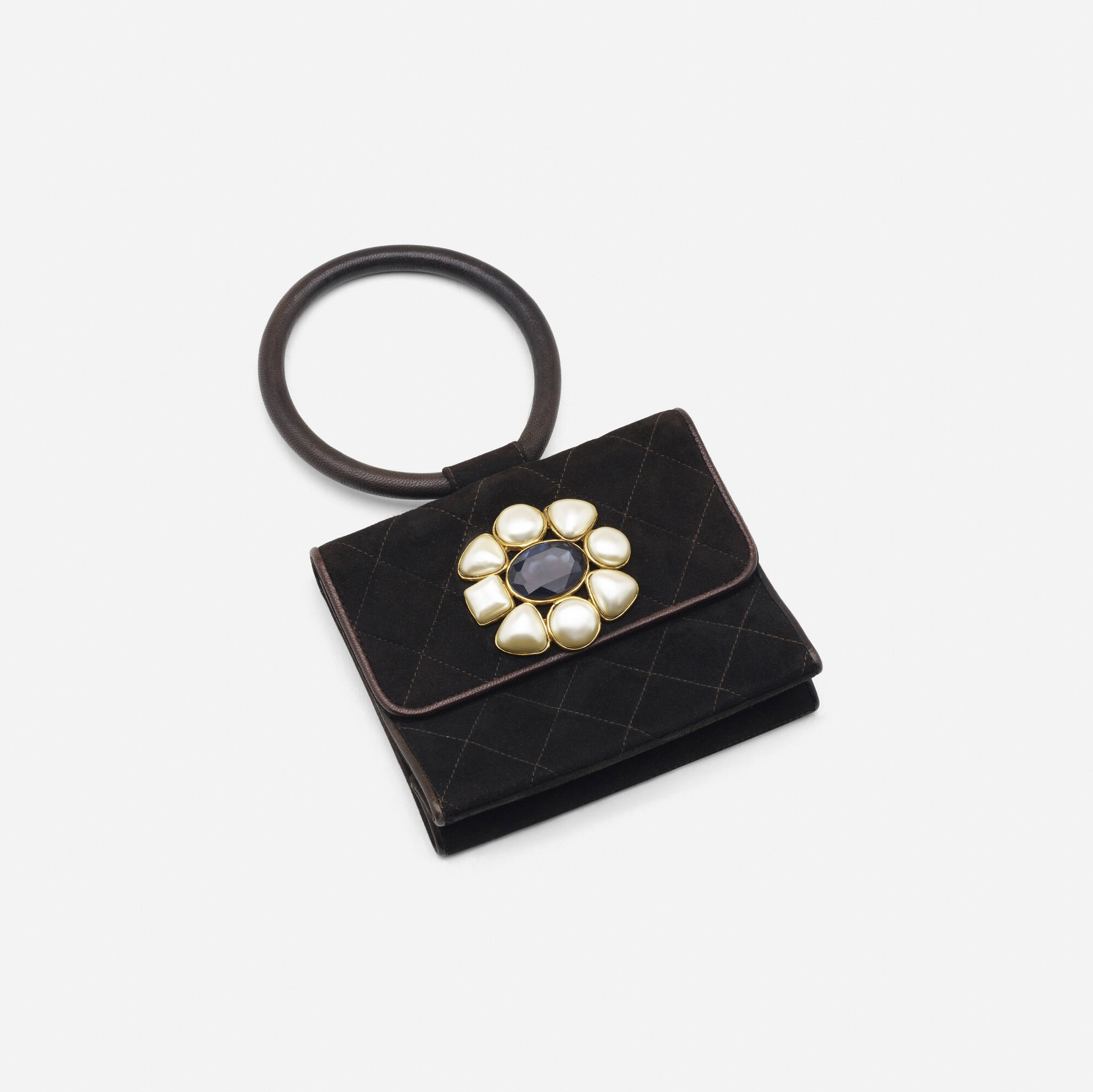 399: CHANEL, Suede mini-bag with faux pearls and faceted stone