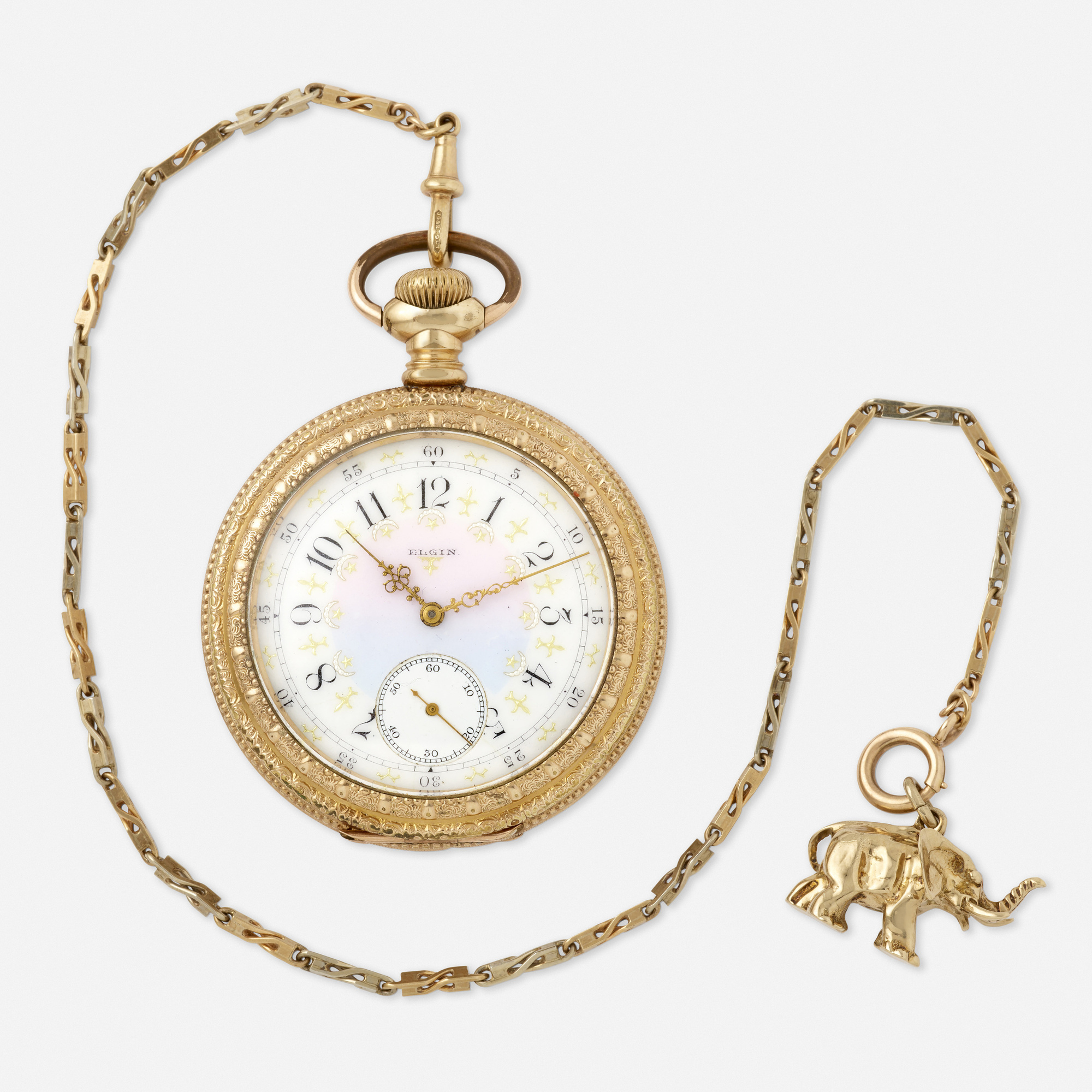 417 ELGIN NATIONAL WATCH COMPANY Royal gold openface fancy dial pocket watch with low karat gold chain and elephant charm Jewelry Silver Objects of Vertu 31 May 2023 Auctions Toomey Co. Auctioneers