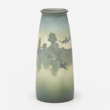 KATARO SHIRAYAMADANI FOR ROOKWOOD POTTERY, Tall scenic Vellum vase with lake and swallows | toomeyco.com
