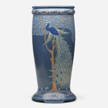 FREDERICK HURTEN RHEAD FOR ROSEVILLE POTTERY, Decorated Matt umbrella stand with peacock | toomeyco.com