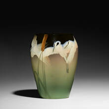KATARO SHIRAYAMADANI FOR ROOKWOOD POTTERY, exceptional Dark Iris vase with herons and cattails | toomeyco.com