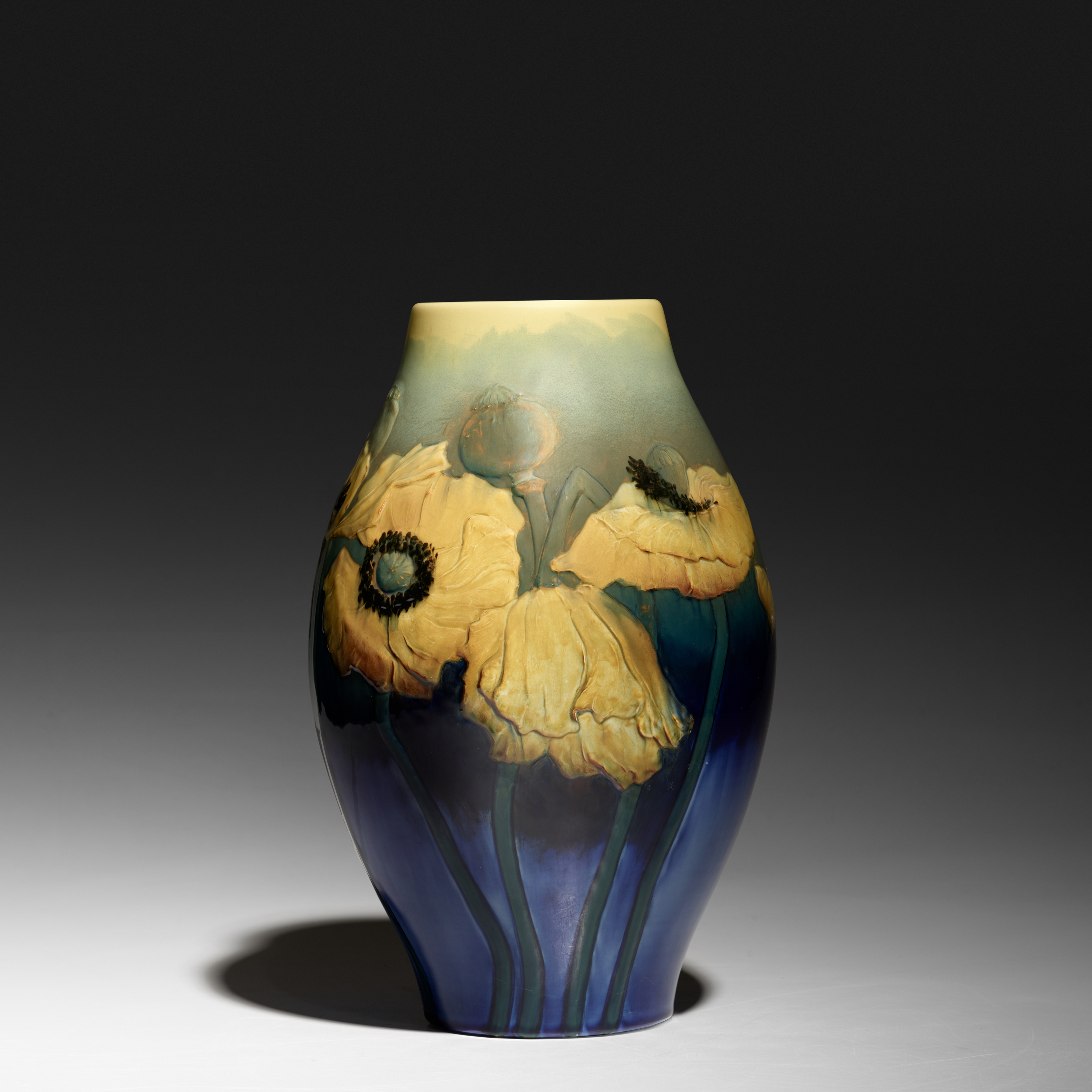 WILLIAM P. MCDONALD FOR ROOKWOOD POTTERY, exceptional and large Relief Iris vase with poppies | toomeyco.com