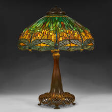 ATTRIBUTED TO CLARA PIERCE WOLCOTT DRISCOLL FOR TIFFANY STUDIOS, Rare Jeweled Drop Head Dragonfly table lamp: shade, #1507-15 on a telescoping reticulated Queen Anne's Lace base, #397 | toomeyco.com