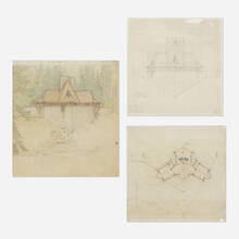 FRANK LLOYD WRIGHT, perspective, elevation and plan for the Fir Tree Type Cabin, Lake Tahoe Summer Colony (three works) | toomeyco.com