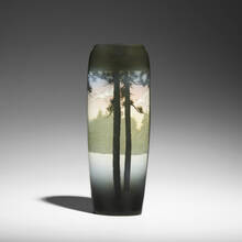 KATARO SHIRAYAMADANI FOR ROOKWOOD POTTERY, rare banded Iris Glaze vase with white cranes flying over snowy forest | toomeyco.com