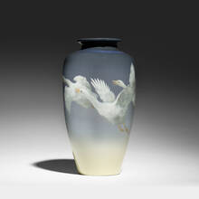 ALBERT R. VALENTIEN FOR ROOKWOOD POTTERY, exceptional and large Iris Glaze vase with flying geese | toomeyco.com